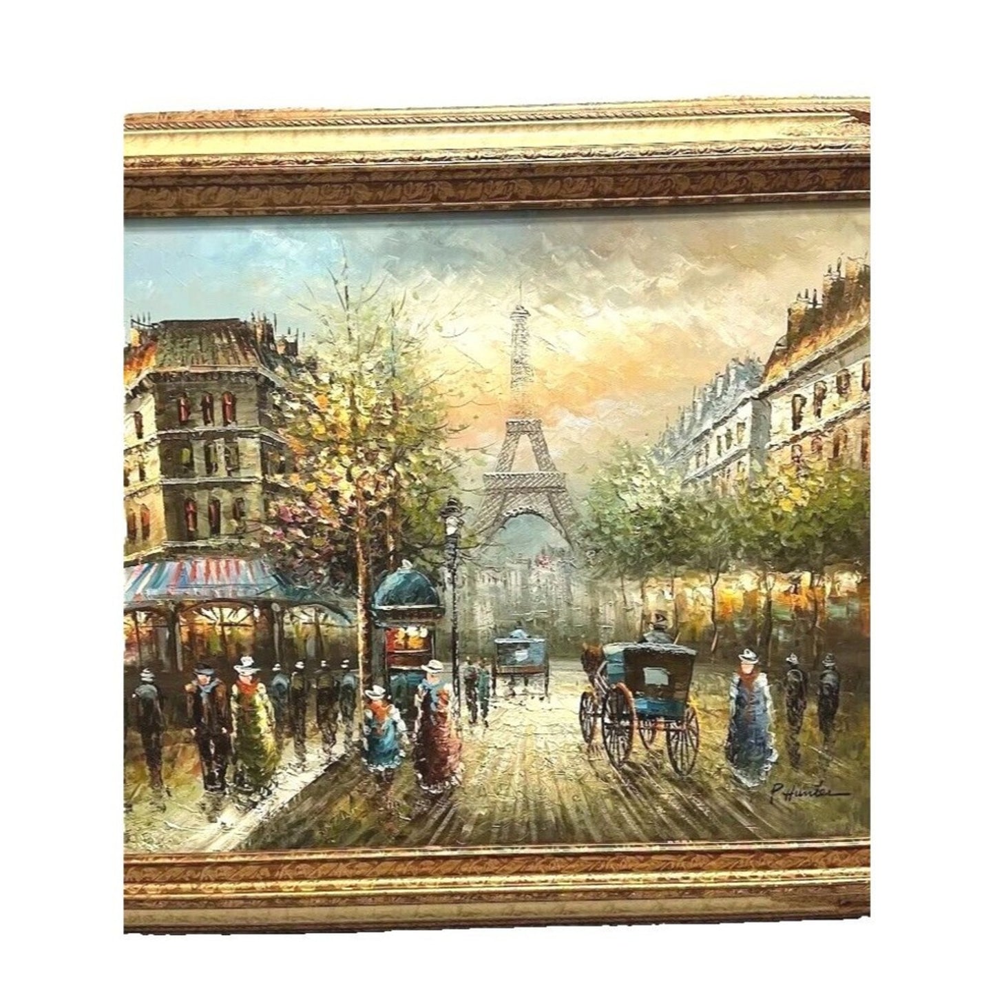 P. Hunter Paris Eiffel Tower Oil on Canvas Large Wood Frame 36in x 24 in