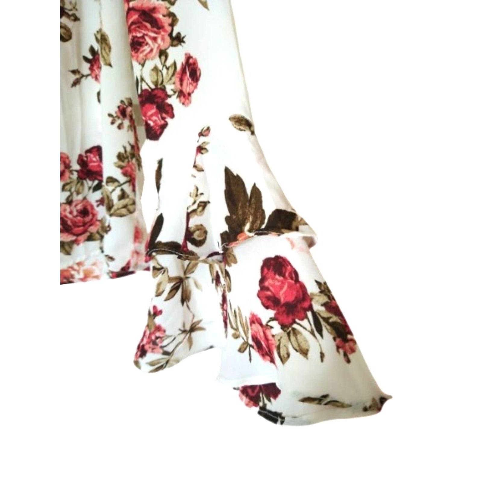 Ambiance white red Floral roses long bell sleeve women's blouse S
