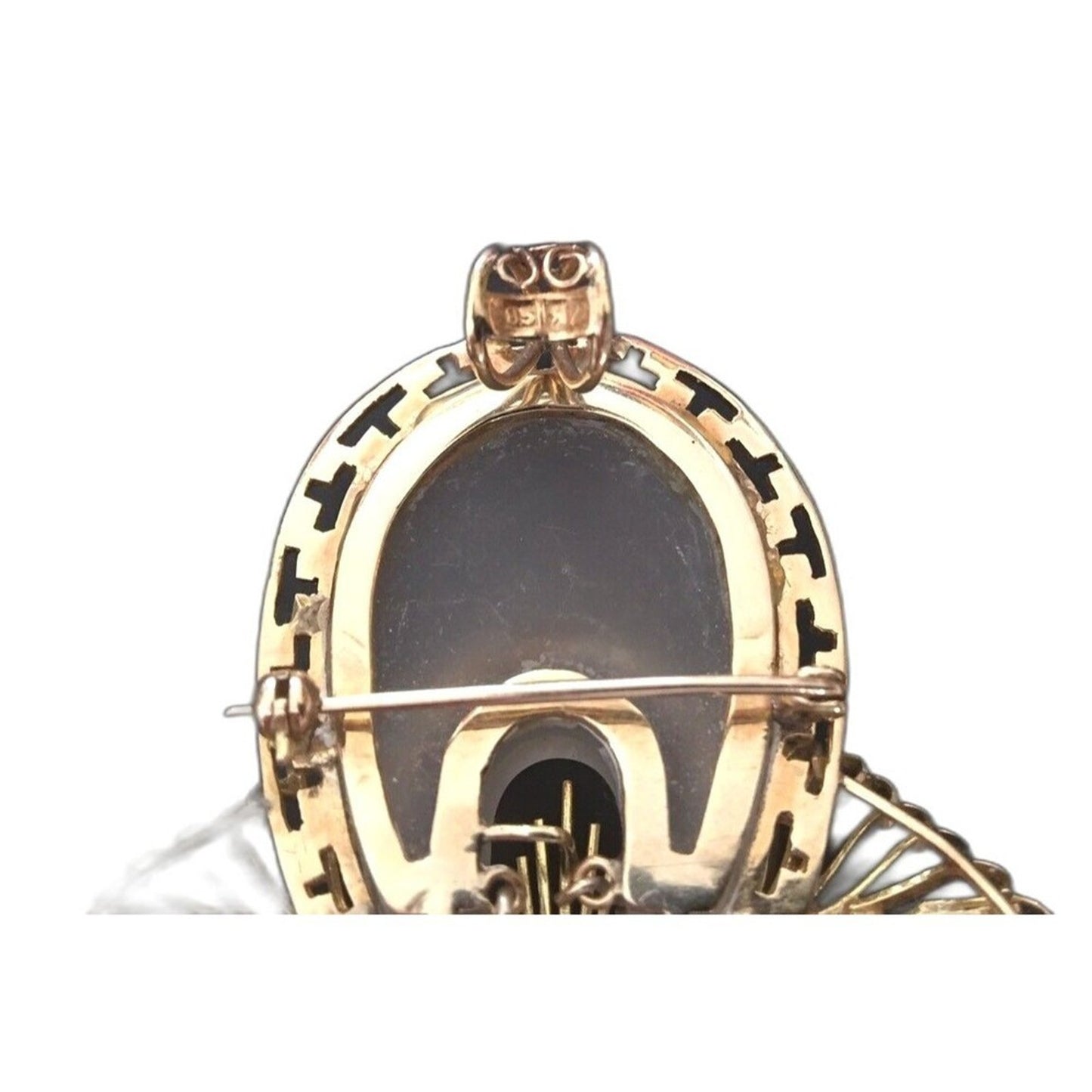 Pendant Brooch 585/14K Yellow Gold White Quartz Lapis Lazuli Diamonds Antique