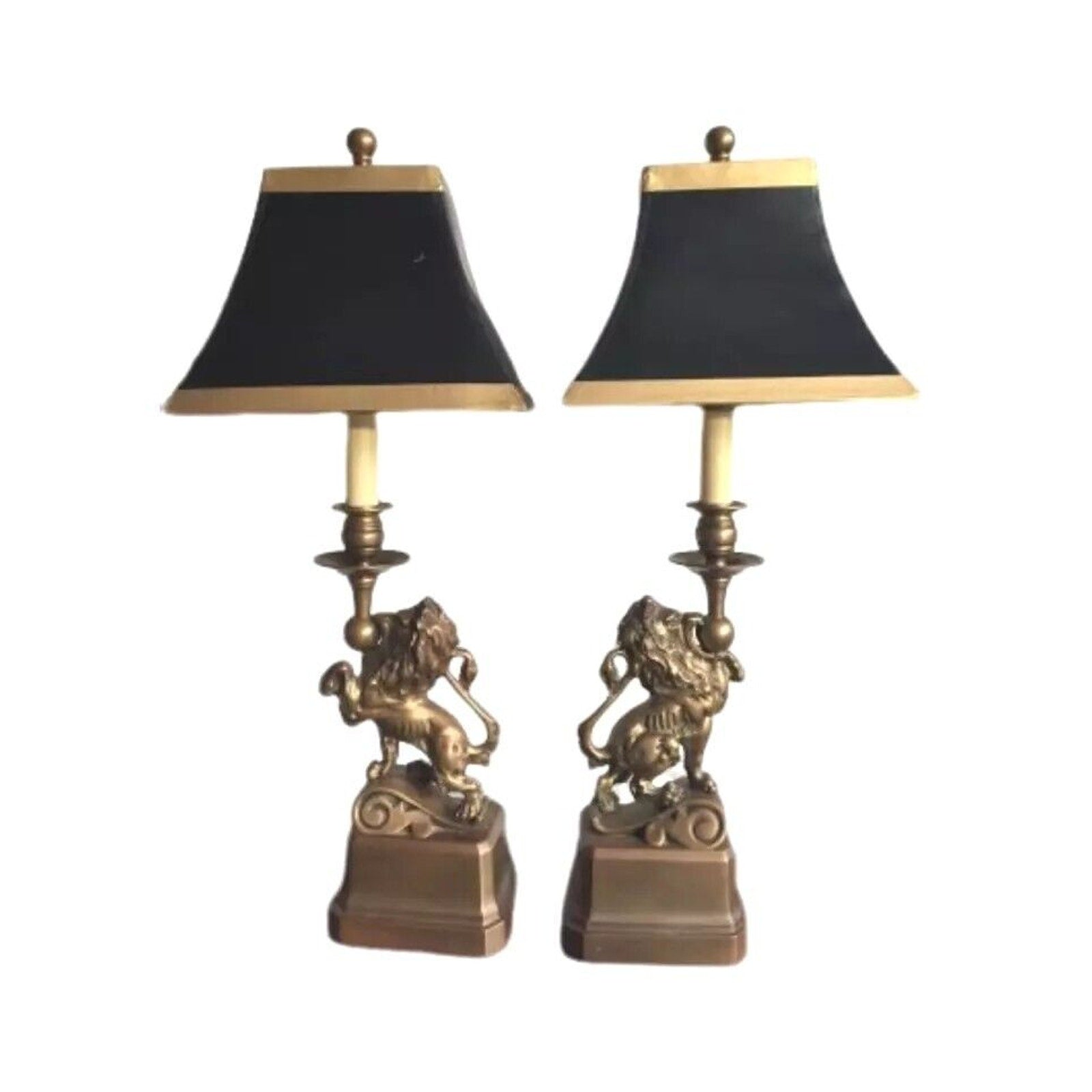 Art Deco French Table Lamp Brass Figural Prancing Lions Candelabra Black Shades