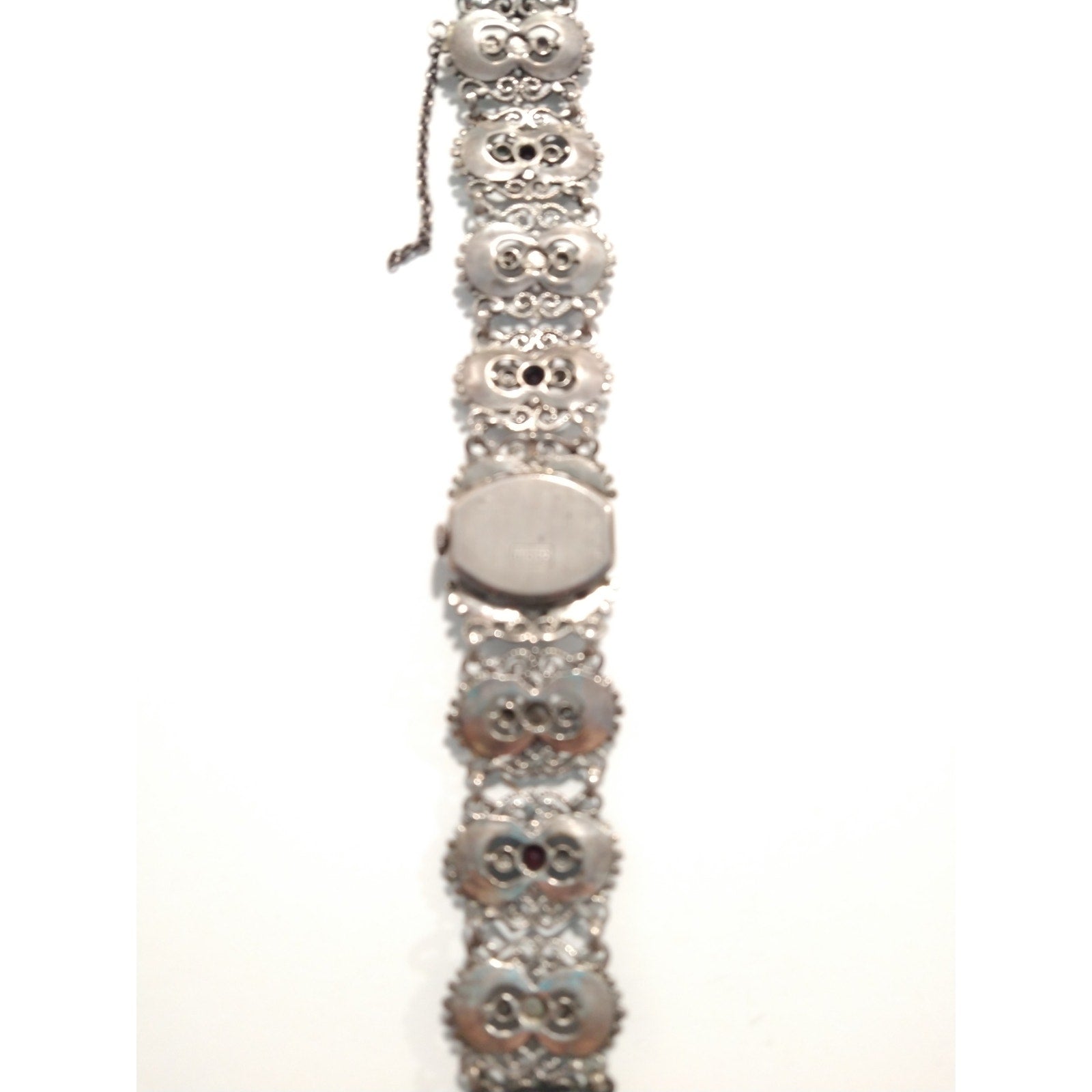 Antique Women`s Wrist Watch Bergland Filigree Sterling Silver Pearls Garnets