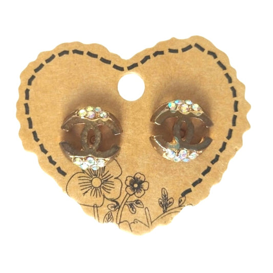 Vintage Rhinestones Double C Stud Earrings Copper Tone Post