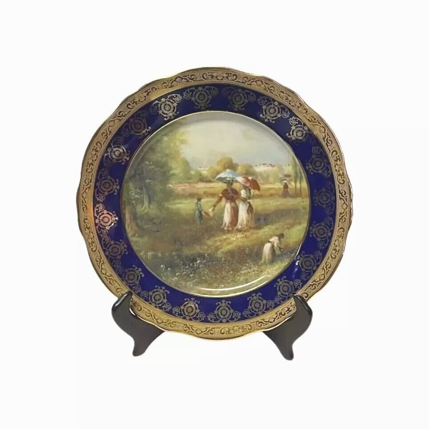 Limoges JPL France Round Plate Hand Painted Scene Gold Cobalt Blue Porcelain