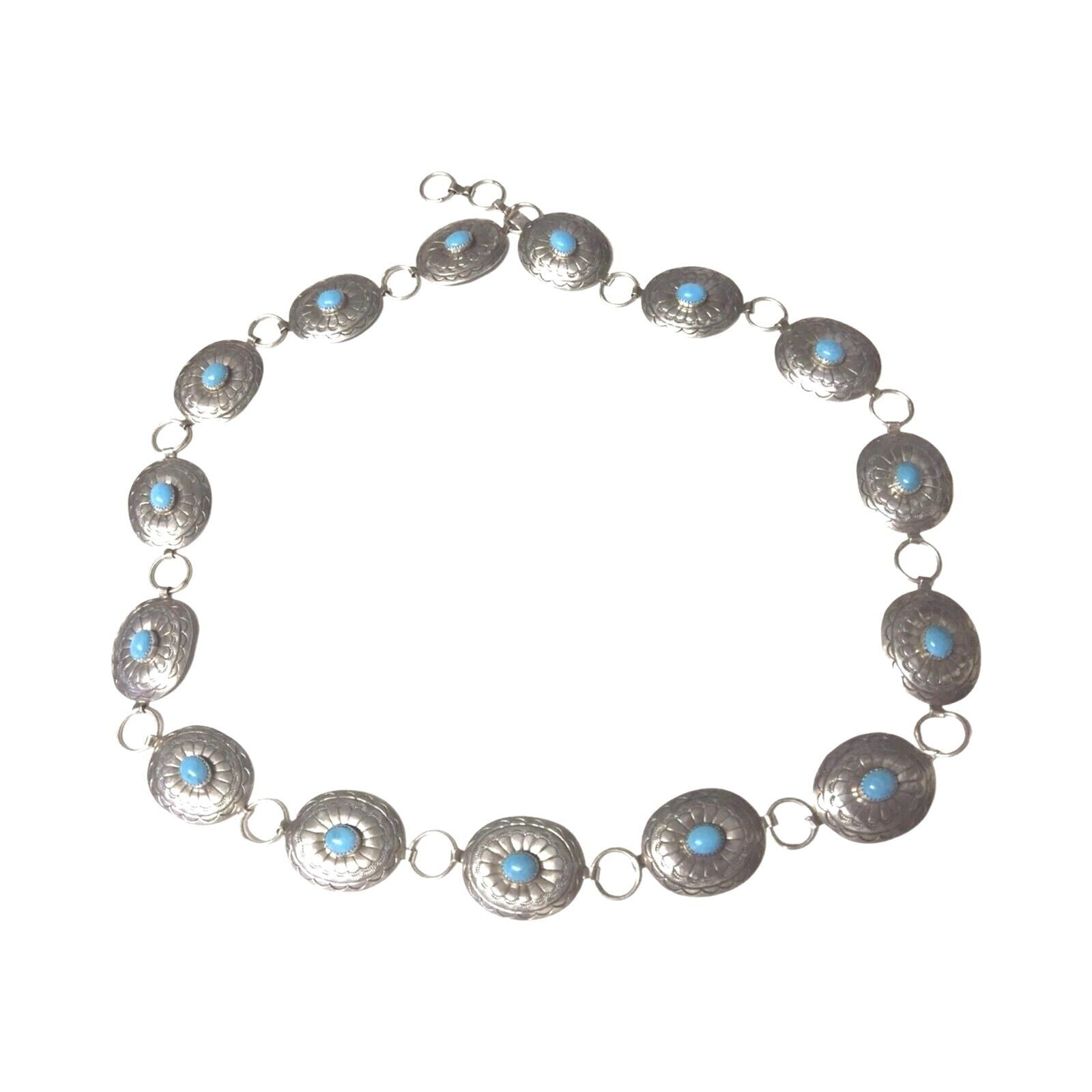 Belt Necklace Vintage Navajo Native Indian Oval Blue Turquoise Sterling Silver