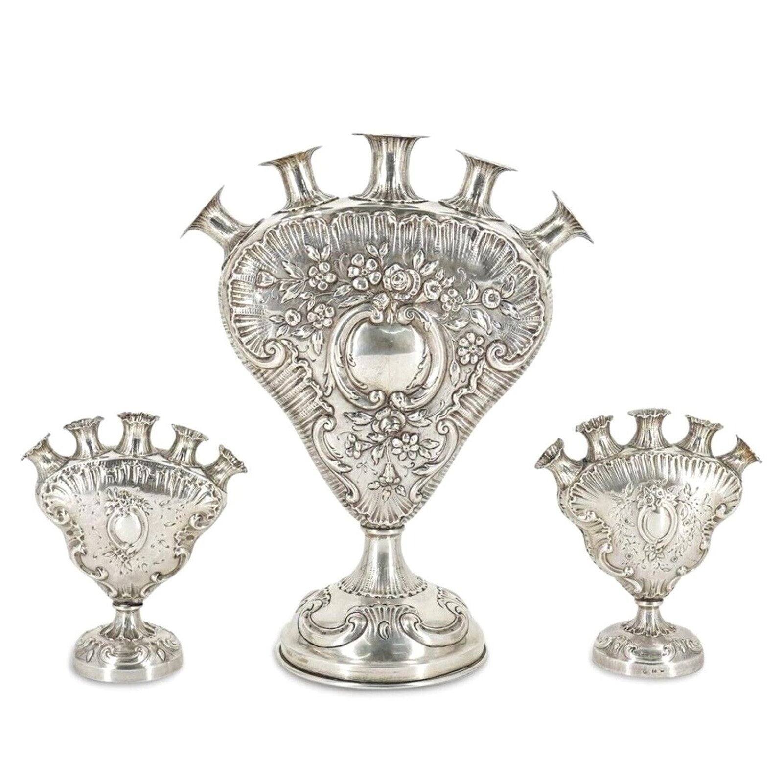 Rare Antique Set of 3 Ornate Rose Vases - Hanau Silver German Rococo 1800s