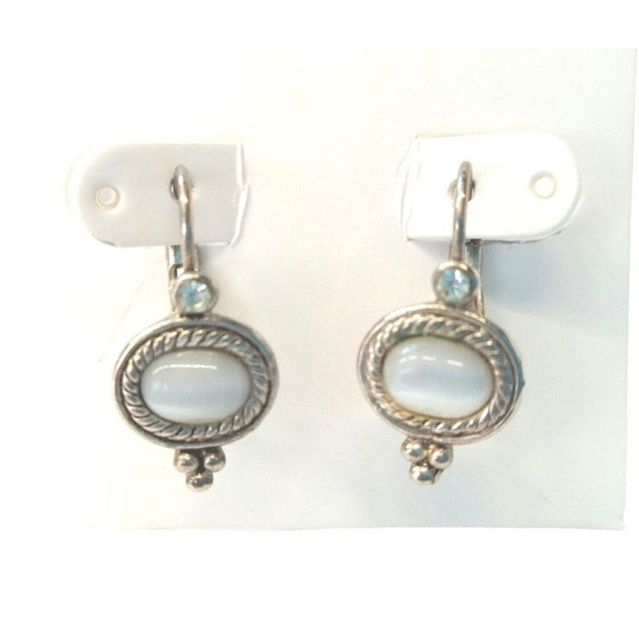 Vintage Oval Round Cut Mother Of Pearl Crystal Dangle Earrings Sterling Plated