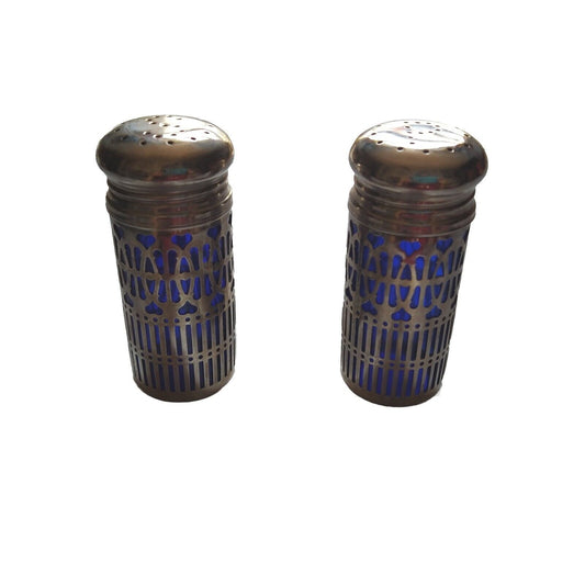 Vintage Silver Cobalt Blue Salt & Pepper Shakers Silver Plate Filigree UK Patent