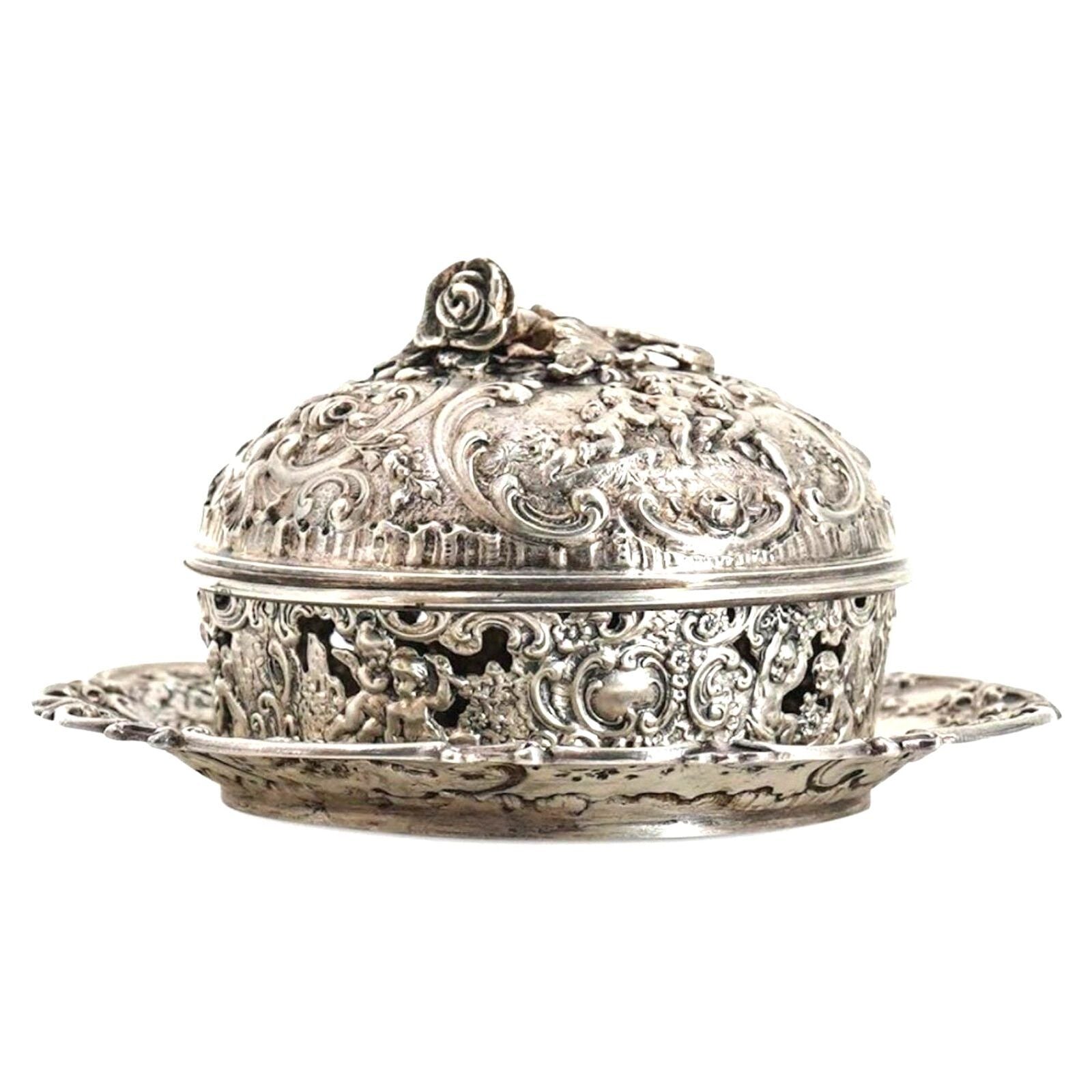 Antique German Lidded Bowl Underplate 800 Silver Angels Floral Flower Repousse