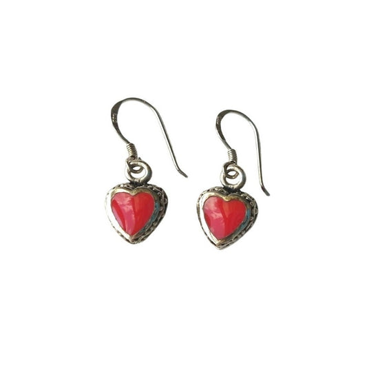 Vintage Signed H Red Coral Heart Dangle Earrings Sterling Silver 925 Hook