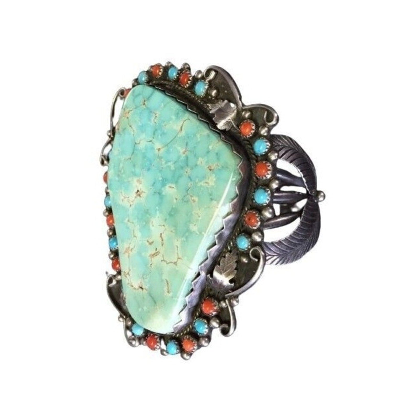 Antique Cuff Bracelet Green Turquoise Coral Sterling Silver Navajo Native Signed