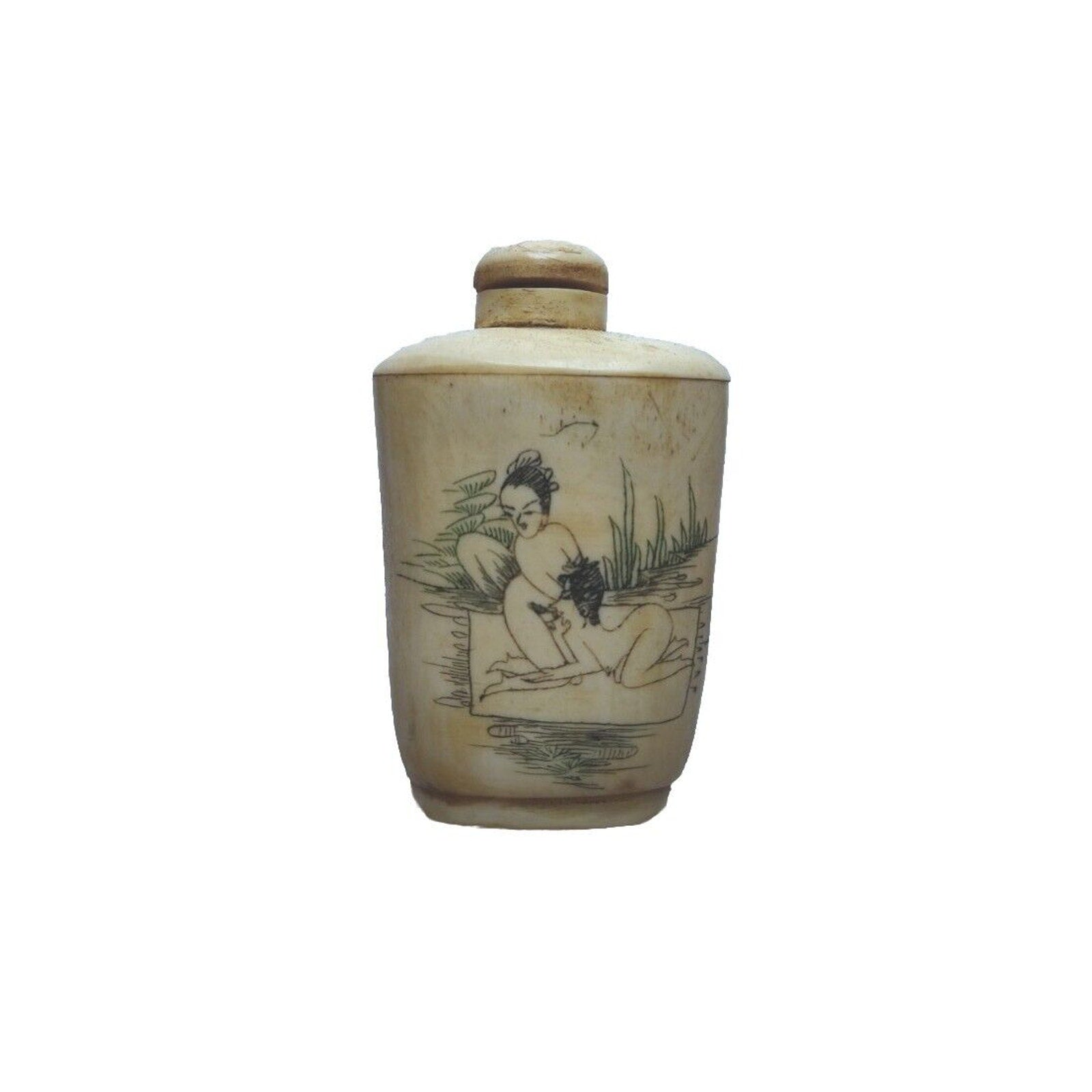 Antique Vintage Chinese Snuff Bottle With Scoop Beige Hand Painted