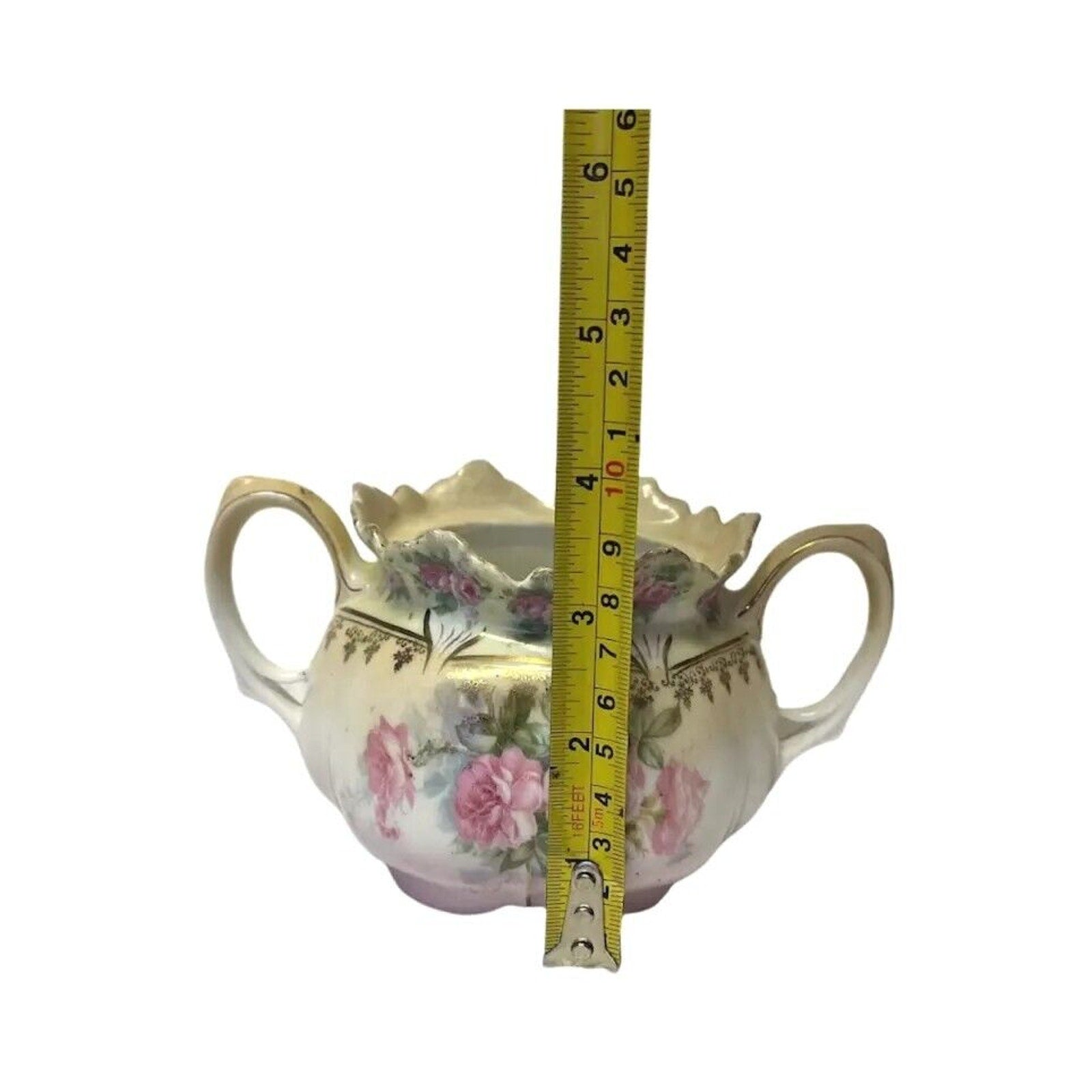 Antique RS Prussia Creamer Porcelain Two Handles Mold 506 Pink Roses C. 1890