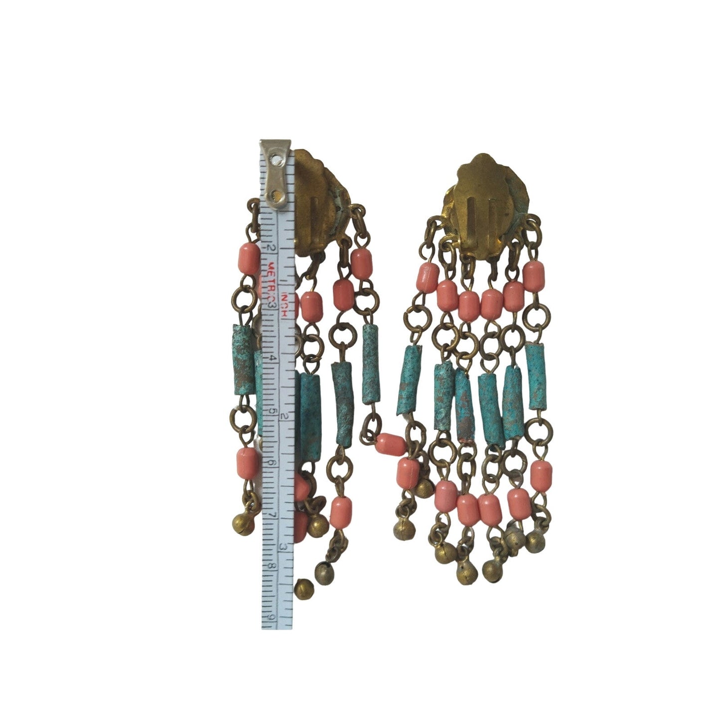 Vintage Egyptian Revival Faience Blue & Orange Earrings Gold Plated Clip On