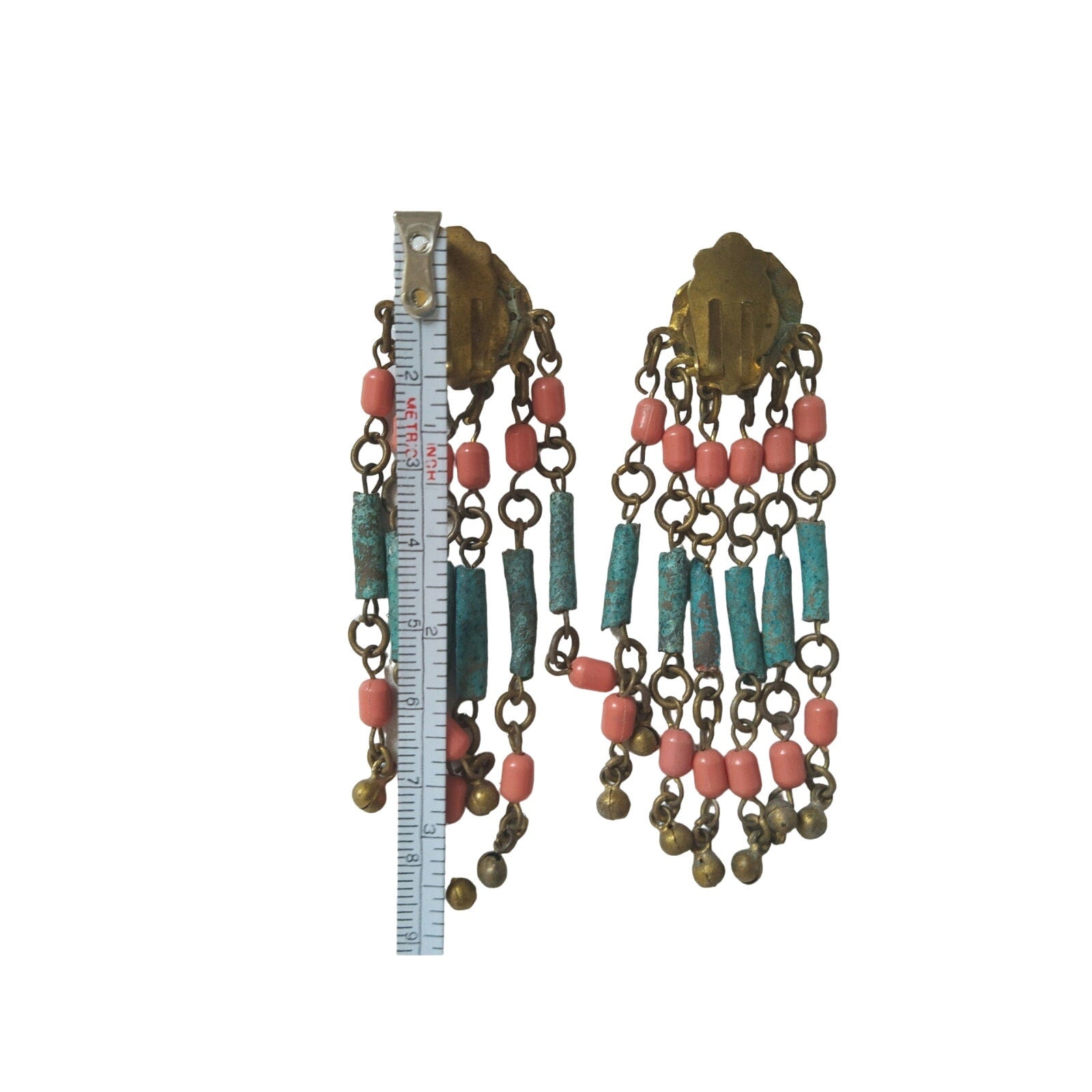 Vintage Egyptian Revival Faience Blue & Orange Earrings Gold Plated Clip On