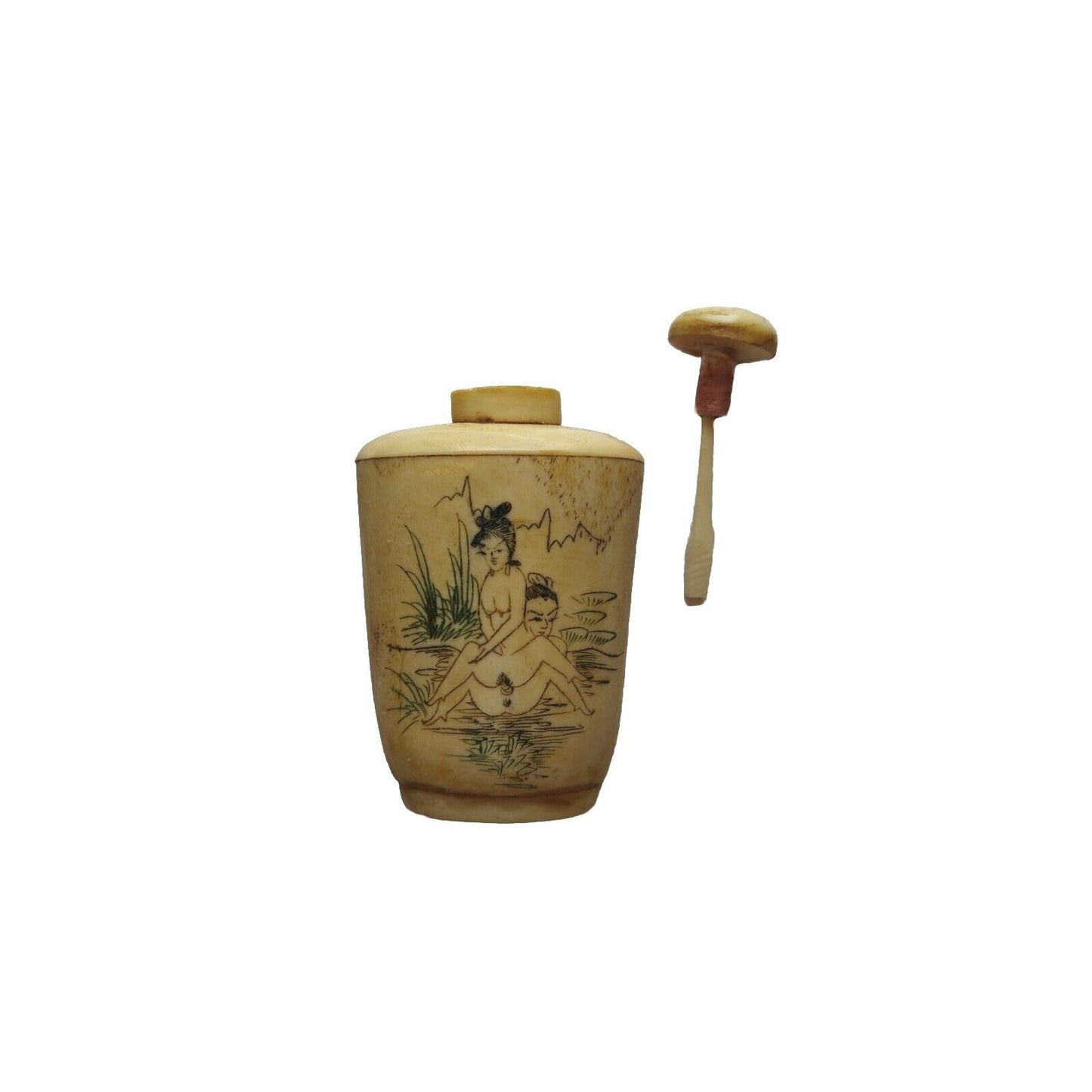 Antique Vintage Chinese Snuff Bottle With Scoop Beige Hand Painted