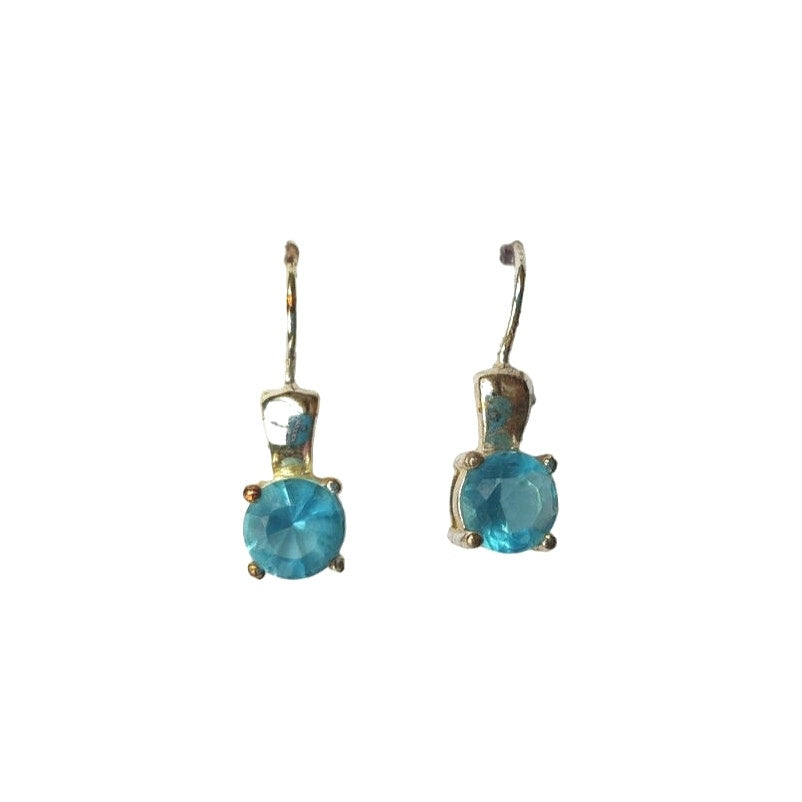 Round Cut Blue Tourmaline Dangle Earrings Signed Sterling Silver 925 Hook