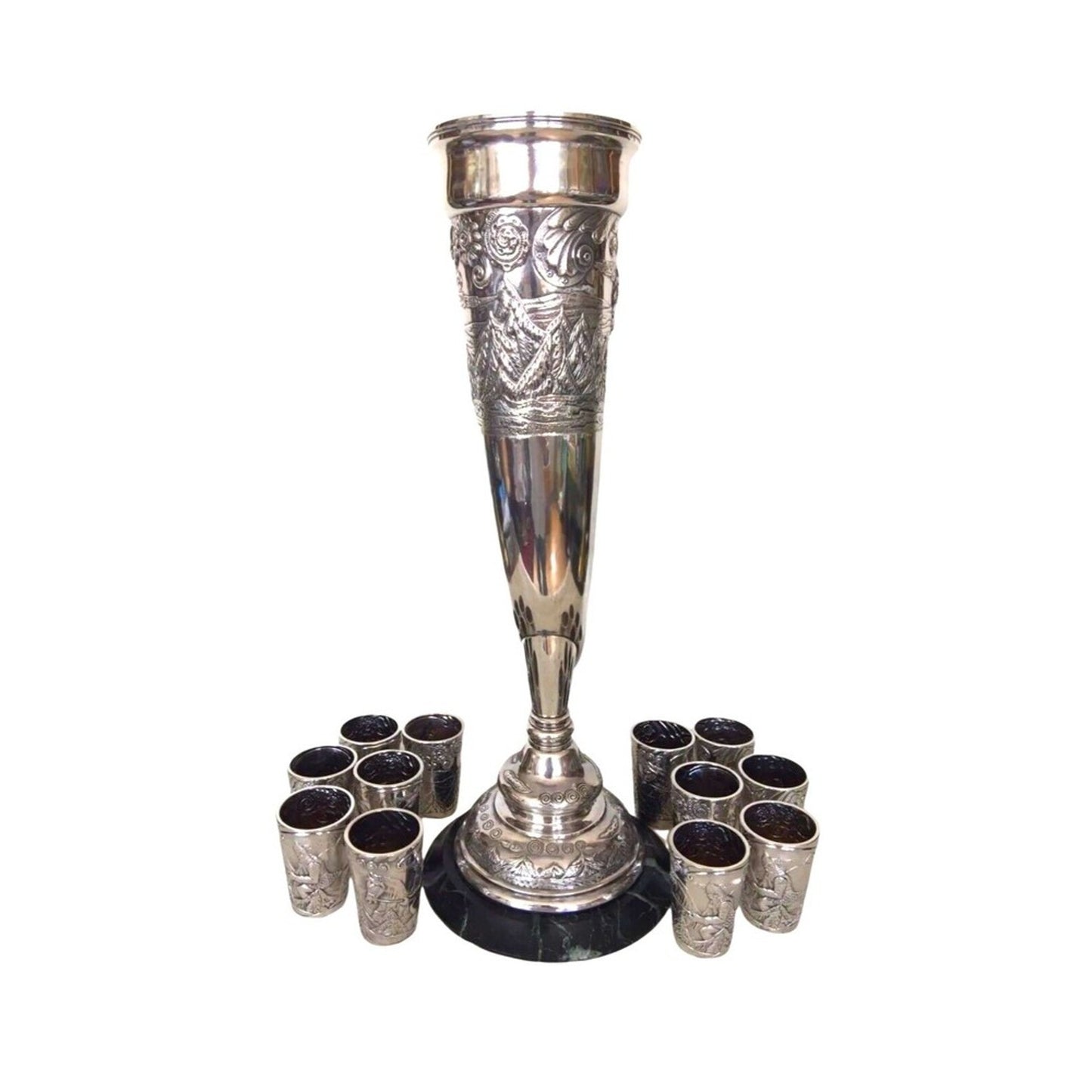 Antique Faberge Wine Horn Form Urn 12 Beakers Set 84 Silver Russian 1890s Set