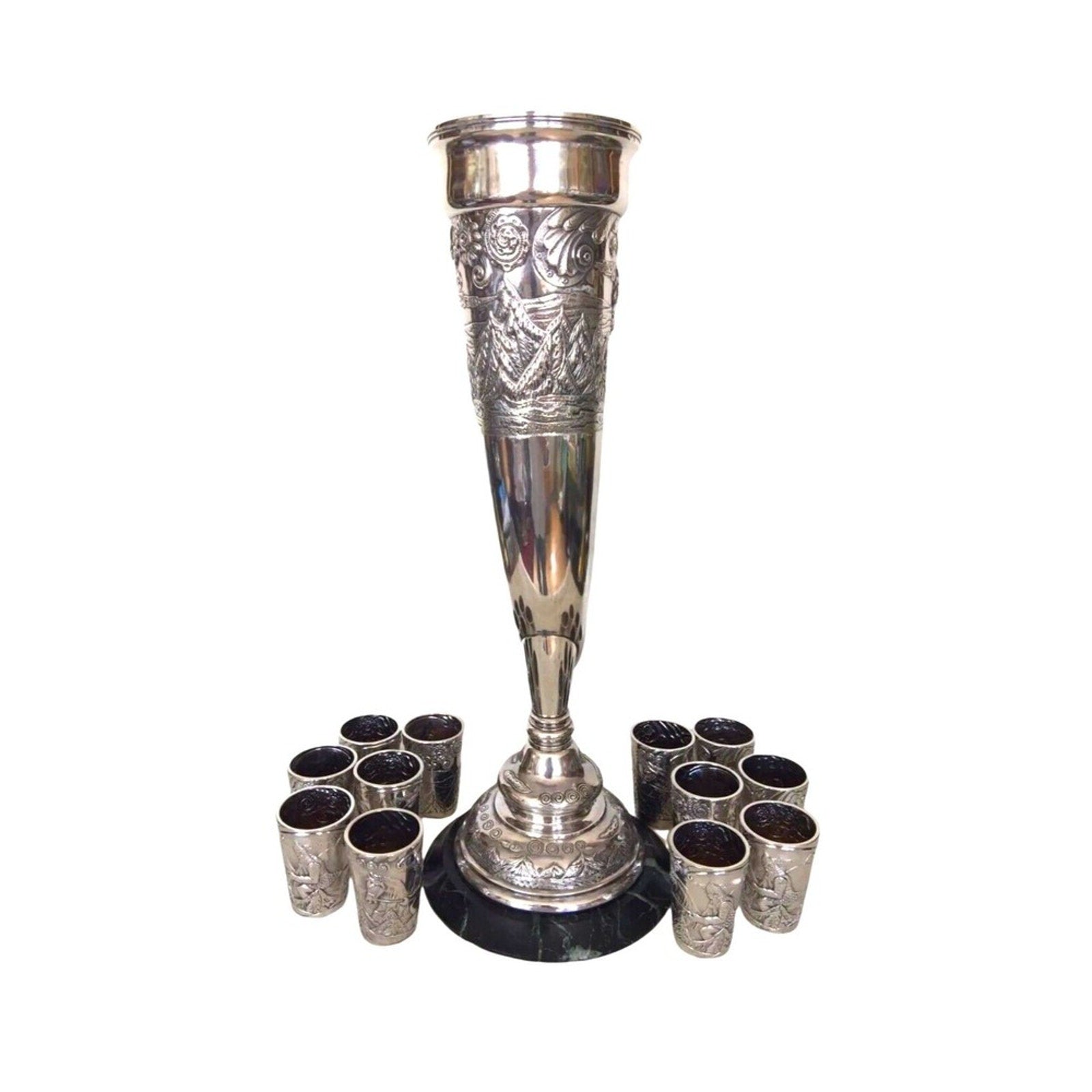 Antique Faberge Wine Horn Form Urn 12 Beakers Set 84 Silver Russian 1890s Set