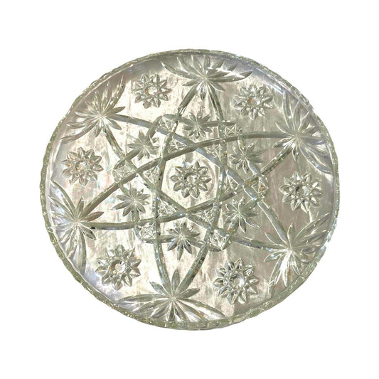 Vintage Serving Dish Platter Tray Crystal Glass Round Ornate Flower Serveware