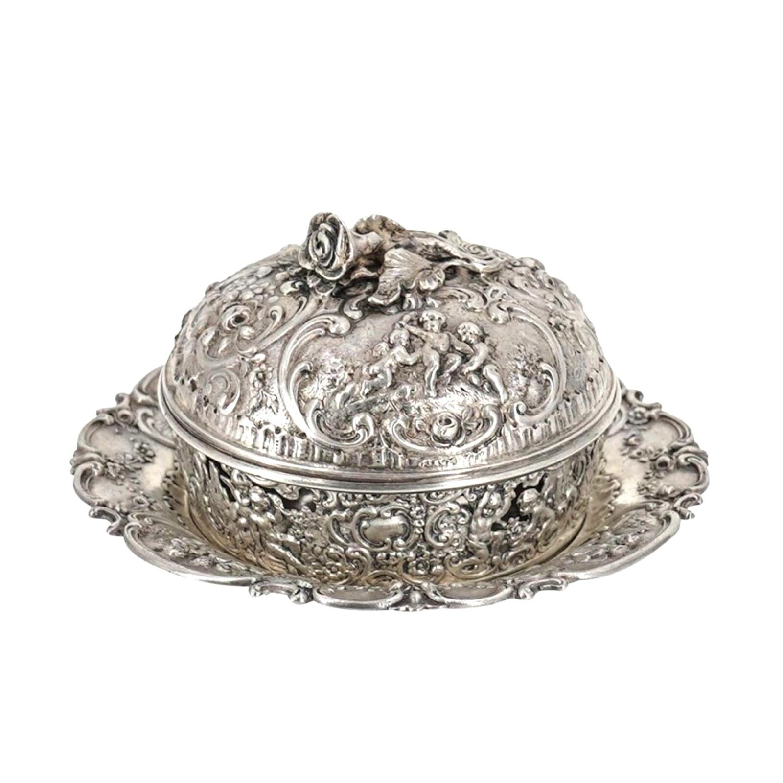 Antique German Lidded Bowl Underplate 800 Silver Angels Floral Flower Repousse
