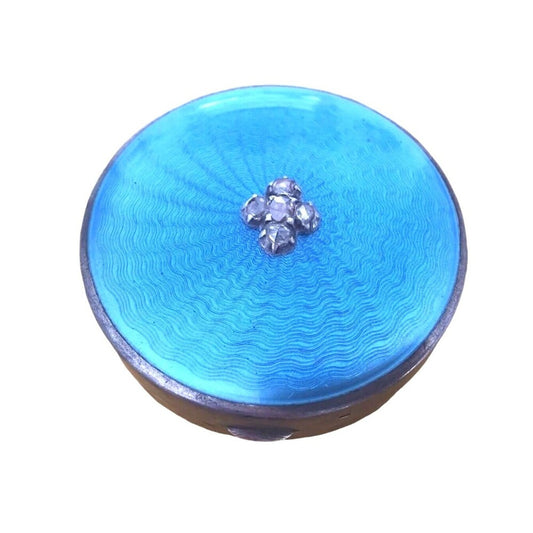 Fabergé Russian Blue Guilloché Antique Pill Jewelry Box Rose Cut Diamonds Silver
