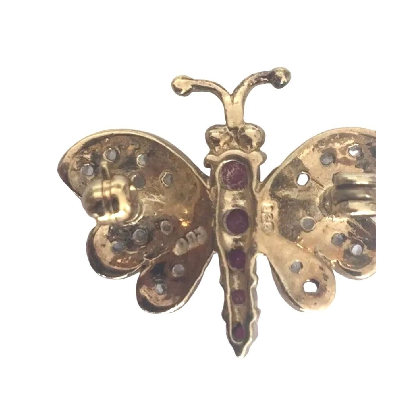 Brooch Pin Vintage Butterfly Ruby & Crystals, Vermeil Gold over Sterling Silver