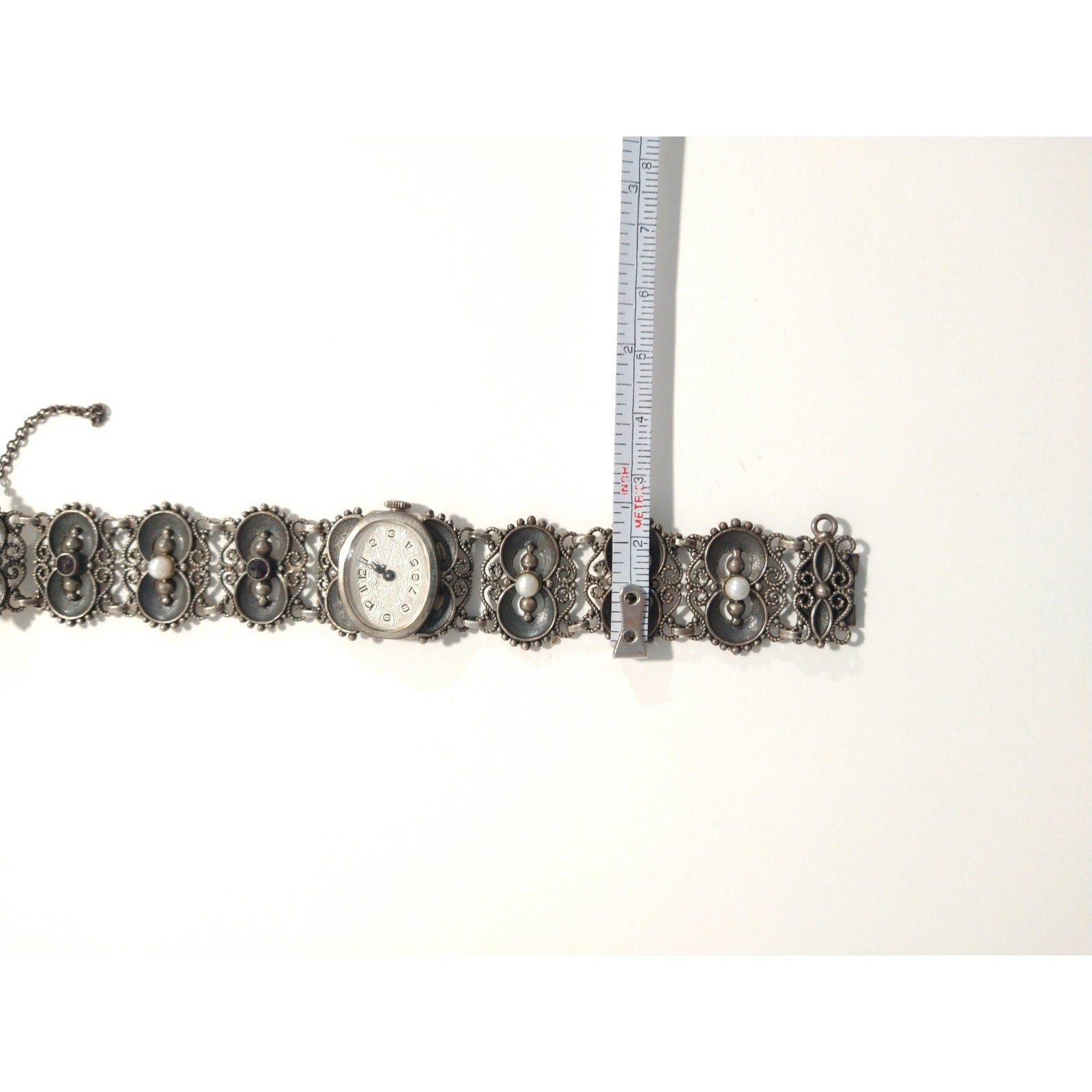 Antique Women`s Wrist Watch Bergland Filigree Sterling Silver Pearls Garnets