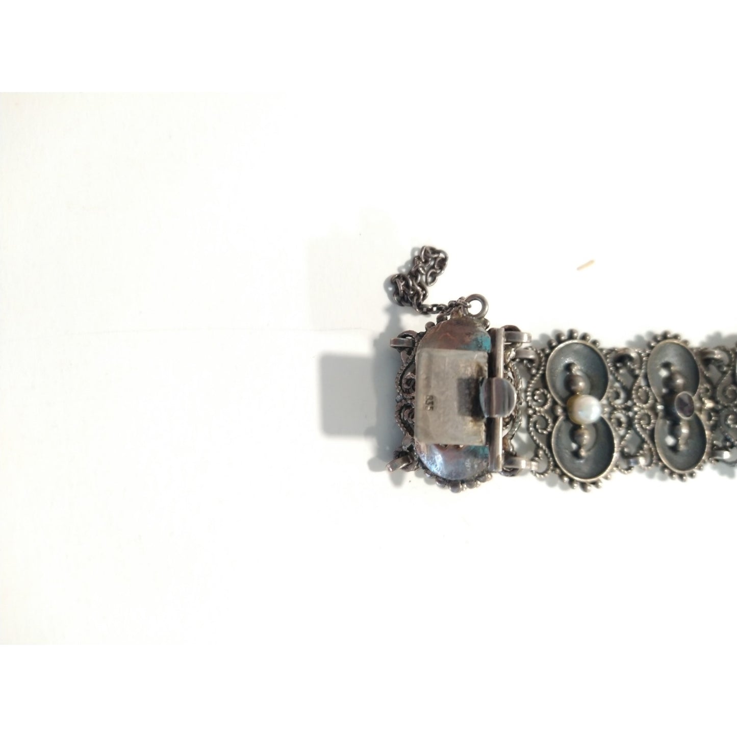 Antique Women`s Wrist Watch Bergland Filigree Sterling Silver Pearls Garnets