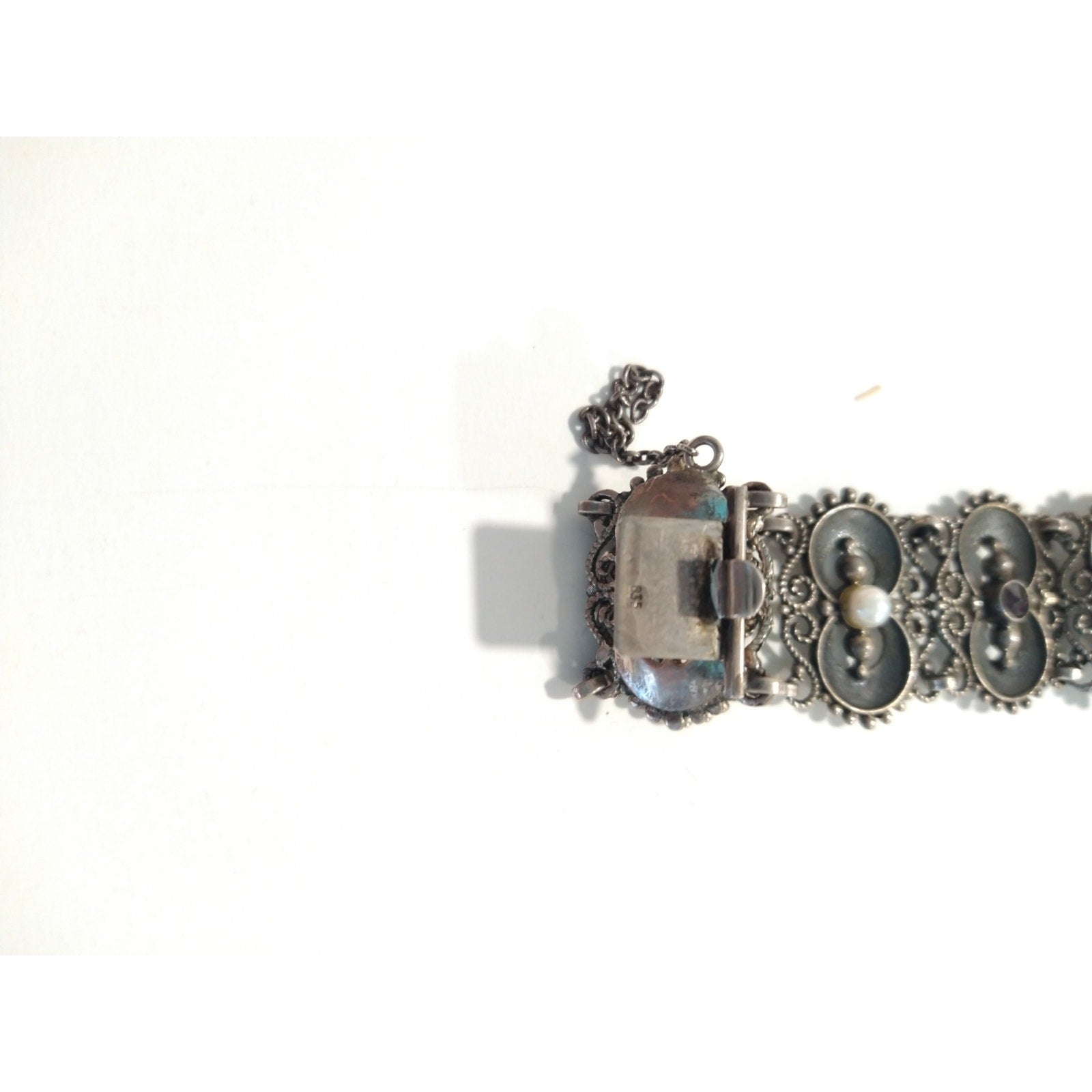 Antique Women`s Wrist Watch Bergland Filigree Sterling Silver Pearls Garnets