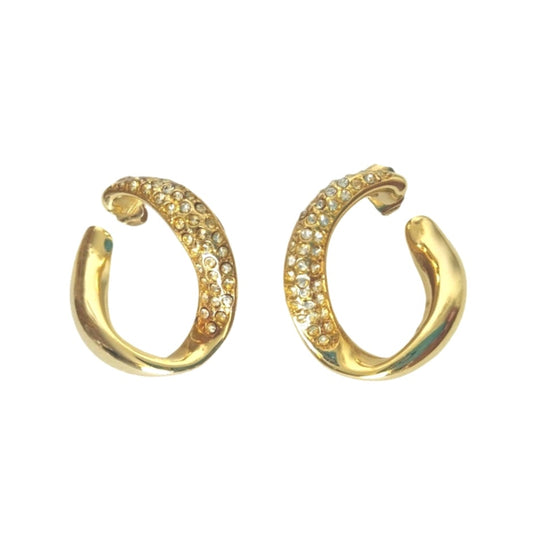 Vintage Avon Paved Crystals C Hoops Earrings Yellow Gold Plated Hoop