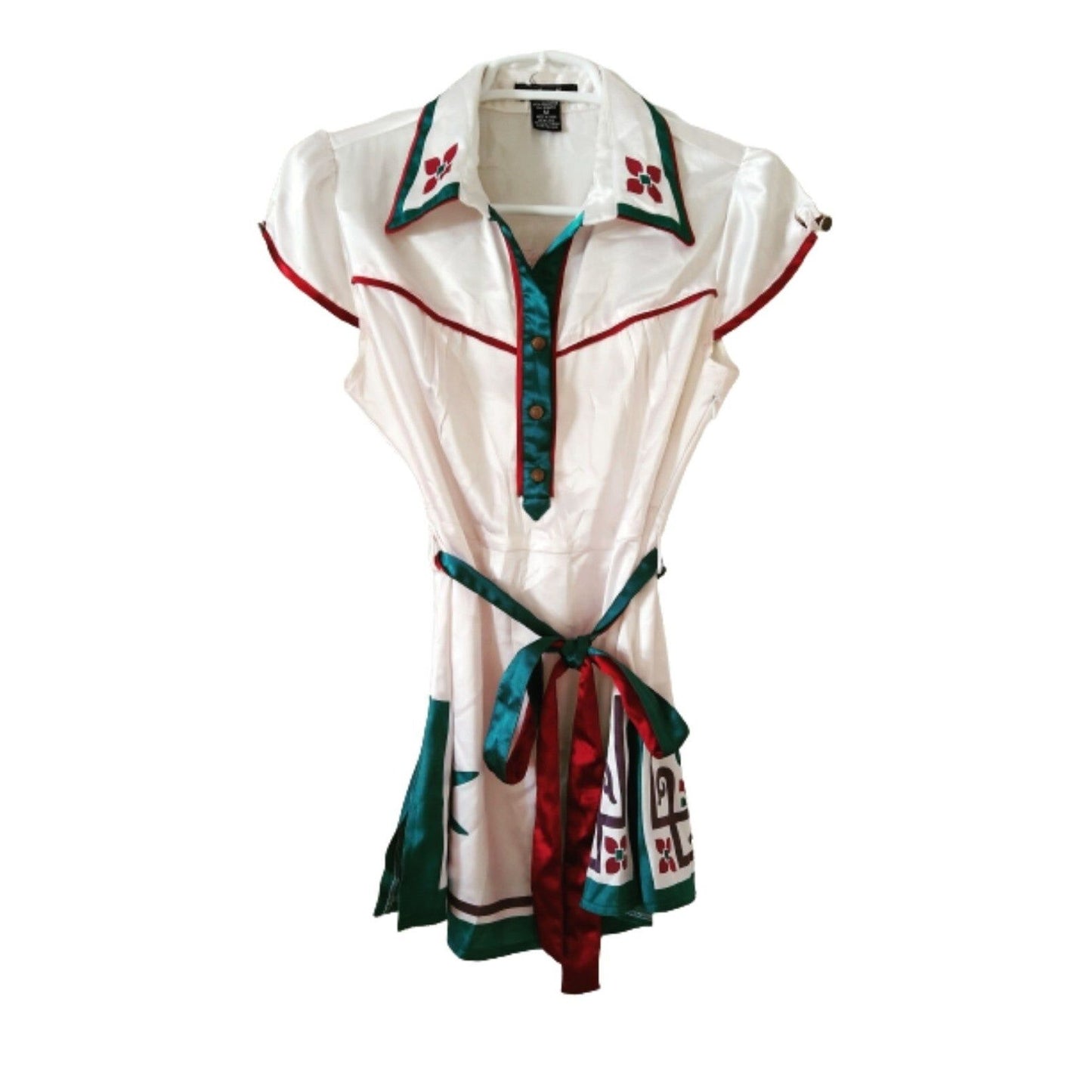 Azwell white satin t-shirt tunic short sleeve dark green -burgundy trims M