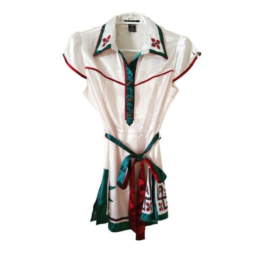 Azwell white satin t-shirt tunic short sleeve dark green -burgundy trims M