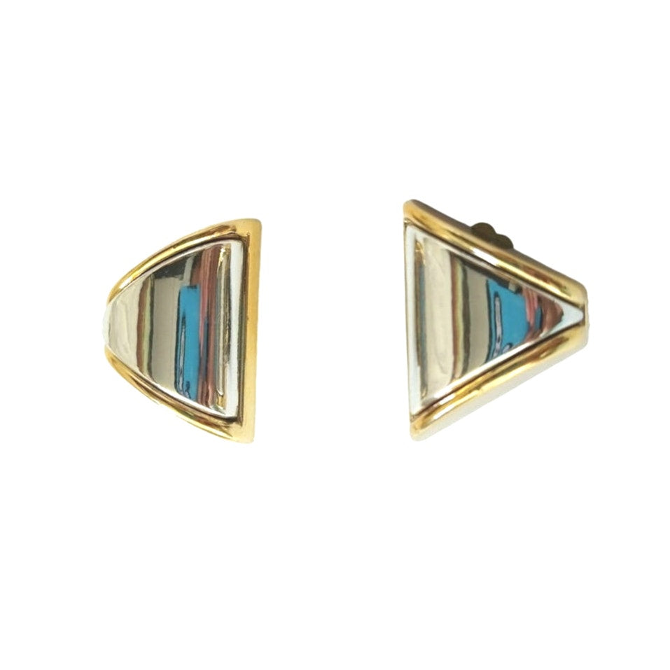 Vintage Triangle Stud Earrings Silver & Yellow Gold Plated 2 Tone Clip On