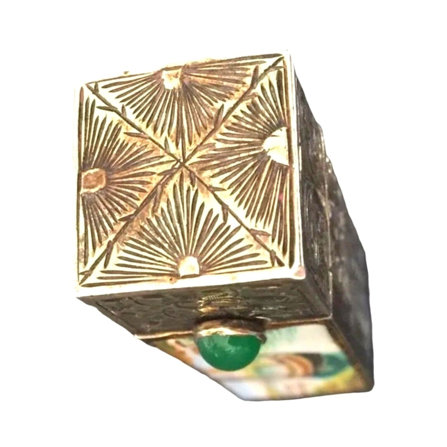 Antique Lipstick Case Cabochon Jade Repousse 800 Silver Enamel Boat Mirror