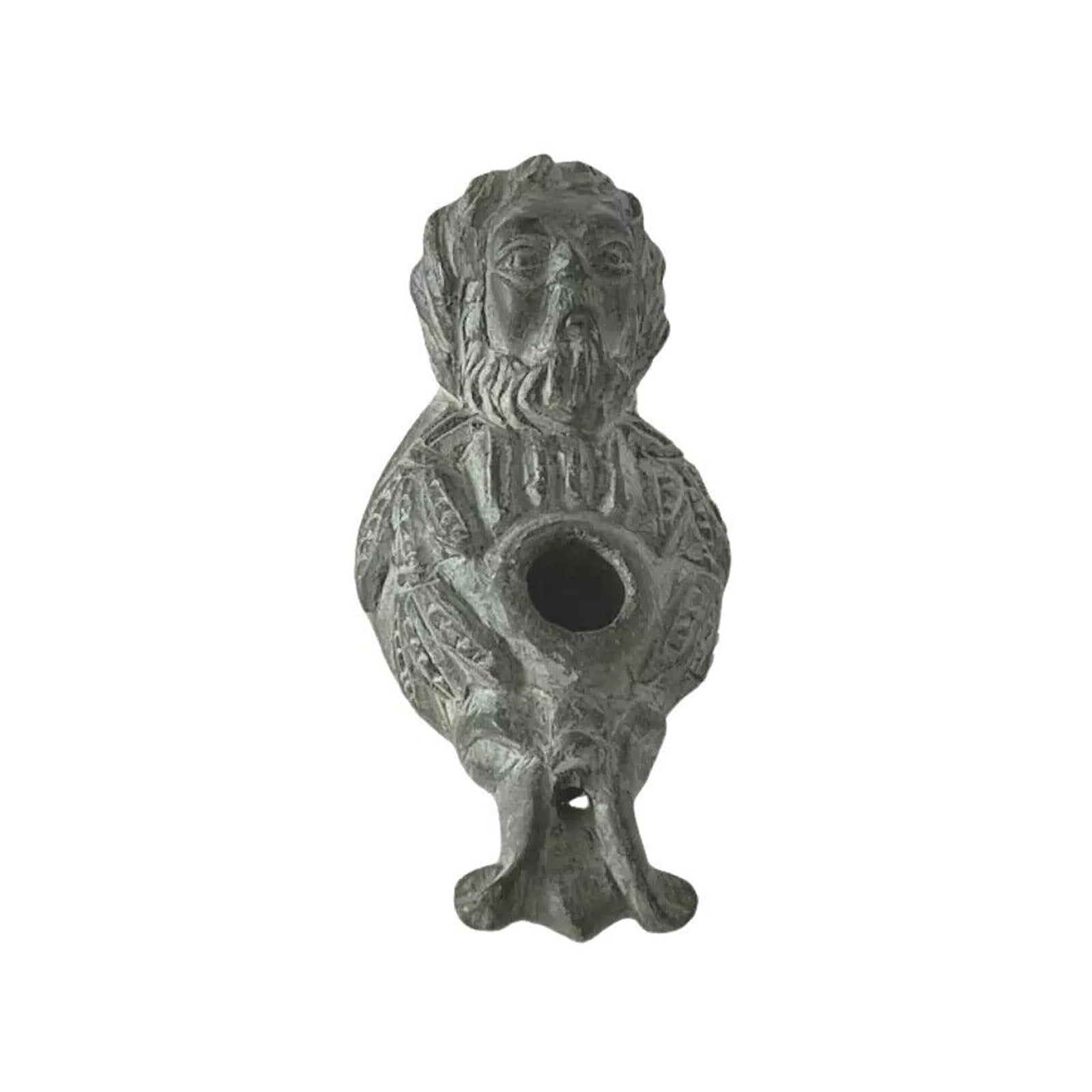 Rare Middle Eastern Oil Lamp Carved Figural Face Black Stone circa 200AD