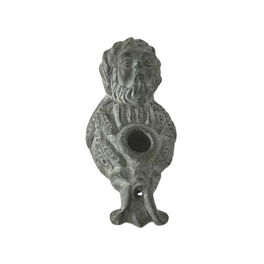 Rare Middle Eastern Oil Lamp Carved Figural Face Black Stone circa 200AD