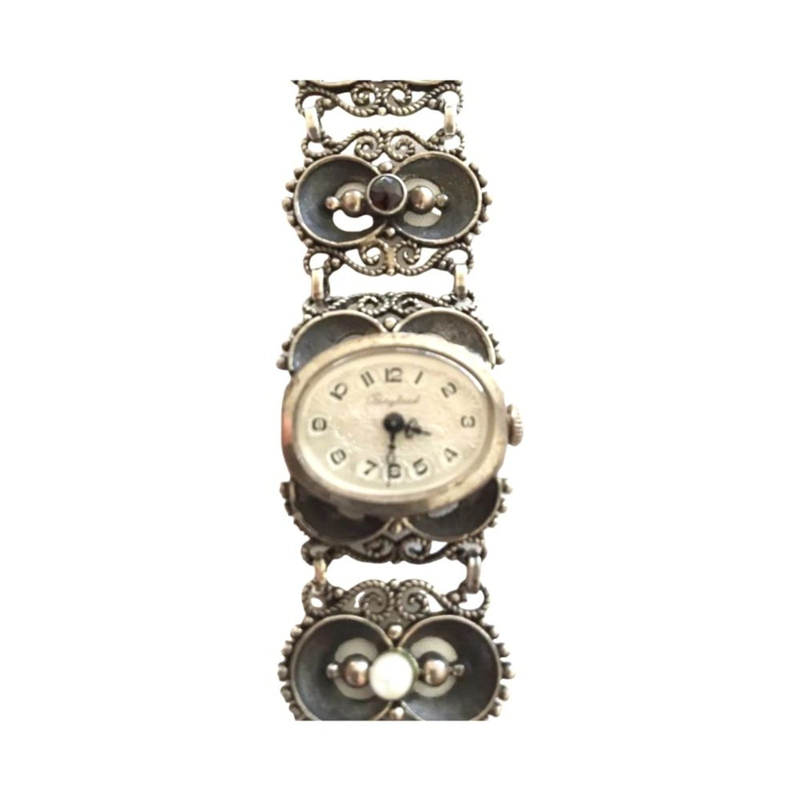 Antique Women`s Wrist Watch Bergland Filigree Sterling Silver Pearls Garnets