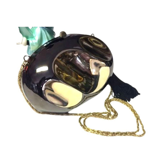 Vintage Brown Metallic Oval Clutch Purse Bag Gold Chain Strap Tassel Elegant