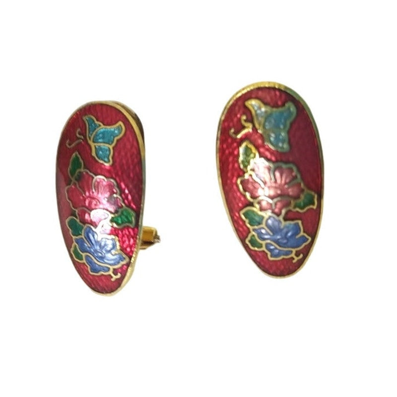 Vintage Red Flower Cloisonne Domed Stud Earrings Yellow Gold Plated Omega Clip