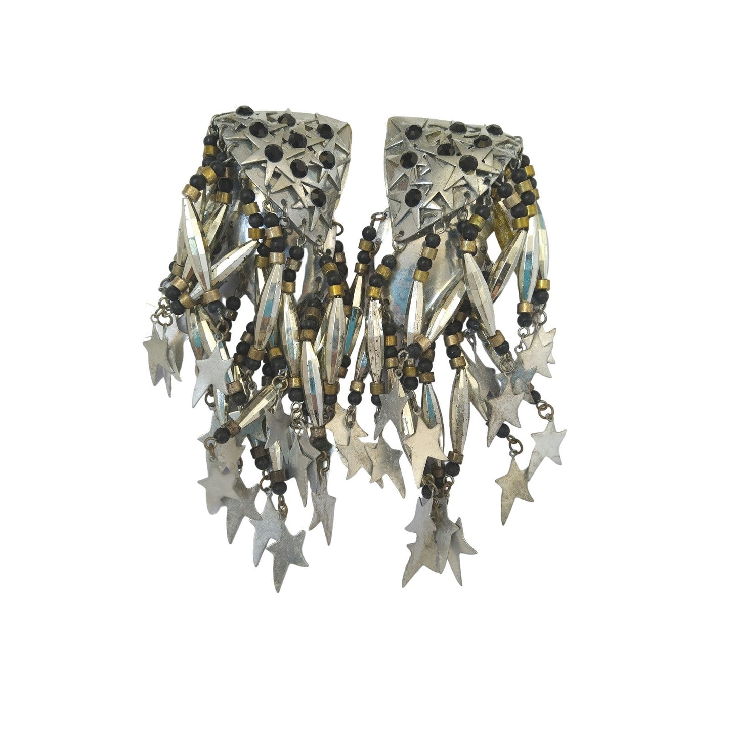 Vintage Women's Chandelier Star Earrings Silver Tone Black Beads Clip On