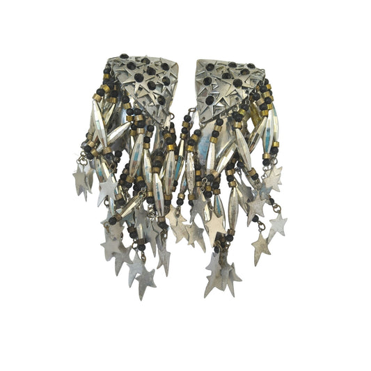 Vintage Women's Chandelier Star Earrings Silver Tone Black Beads Clip On