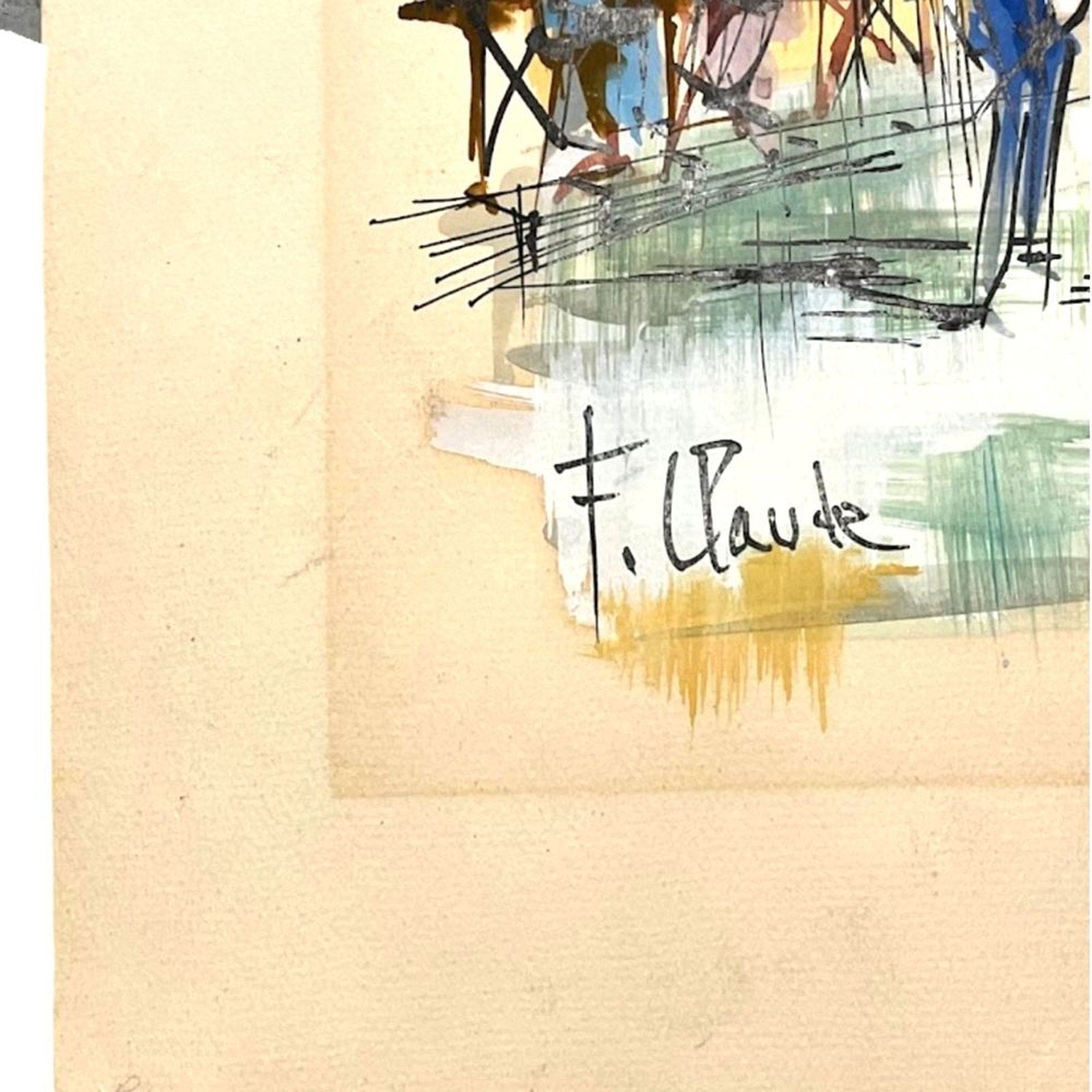 Original Watercolor by F Claude Sacre Coeur and Paris Street Scene Antique