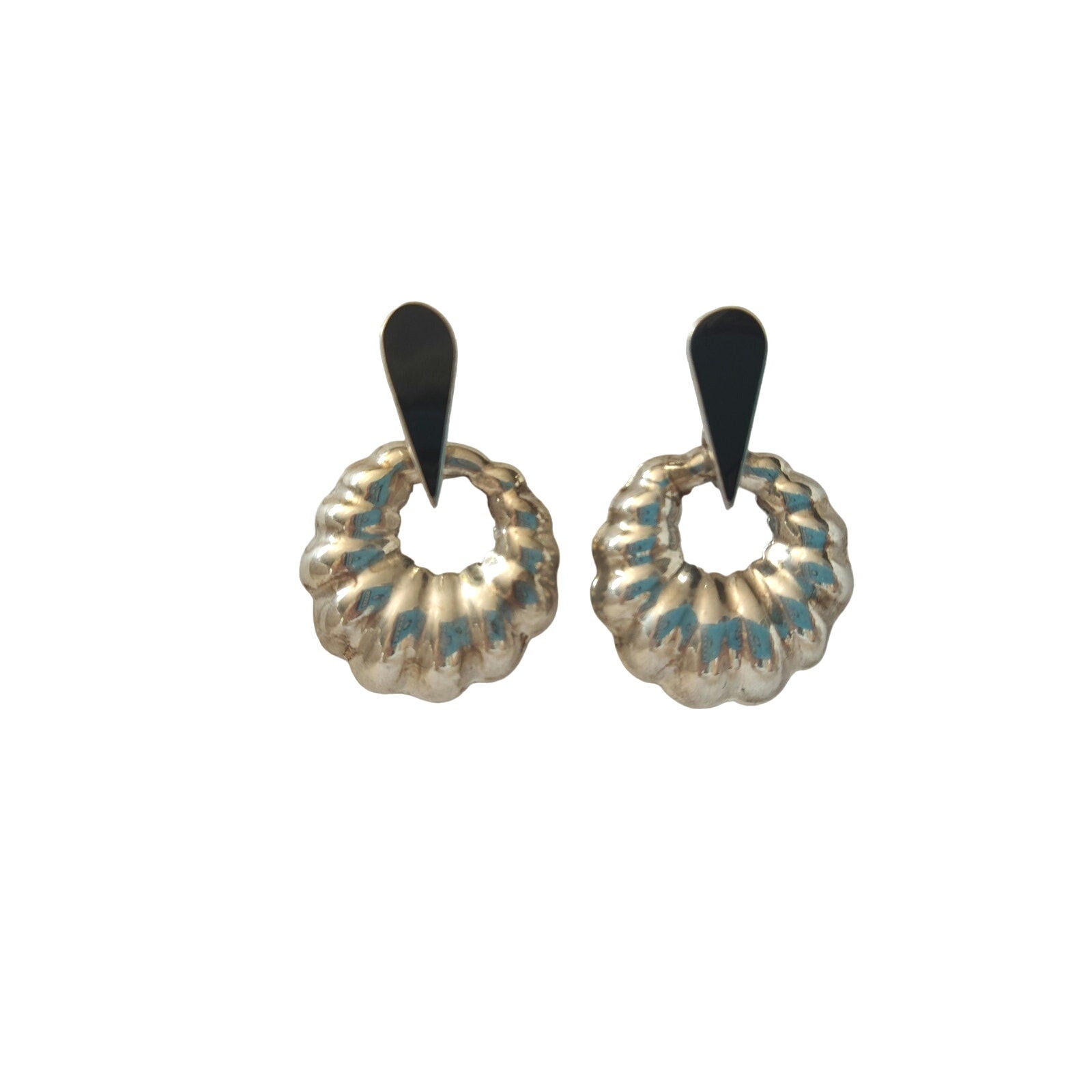 TM Mexico Signed Black Enamel Circle Earrings Solid Sterling Silver 925 Post