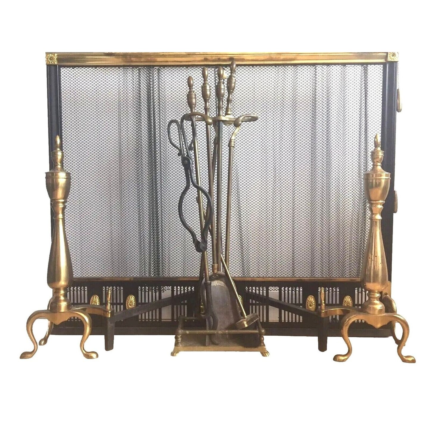 Antique Flexscreen Norwich NY Solid Brass/Iron Fireplace Screen Andirons Tools