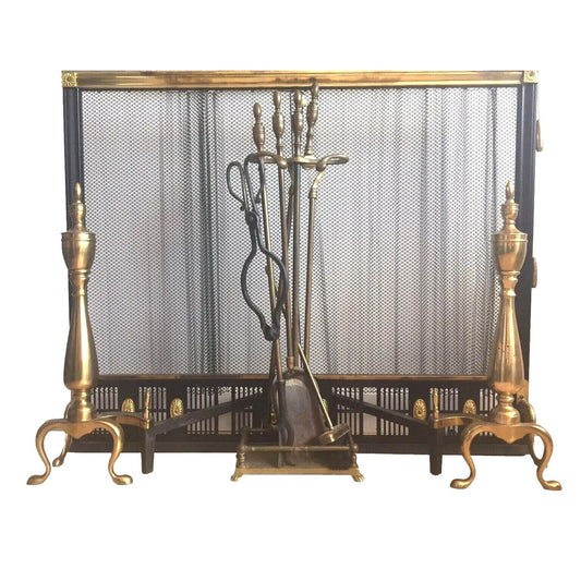 Antique Flexscreen Norwich NY Solid Brass/Iron Fireplace Screen Andirons Tools