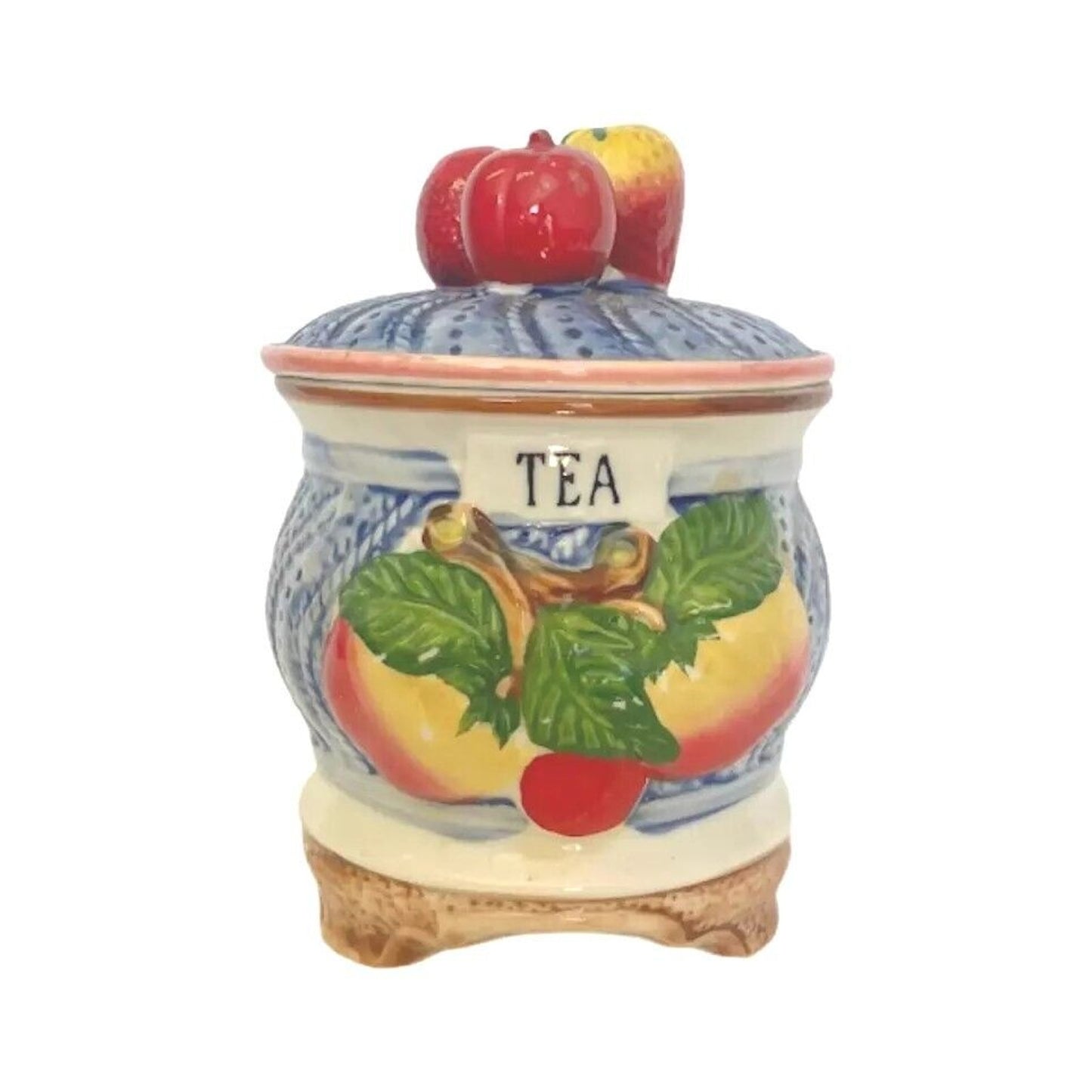 Vintage Coffee Tea Jar Bowl w Lid 6” Peaches Fruits Round Design Blue Ceramics