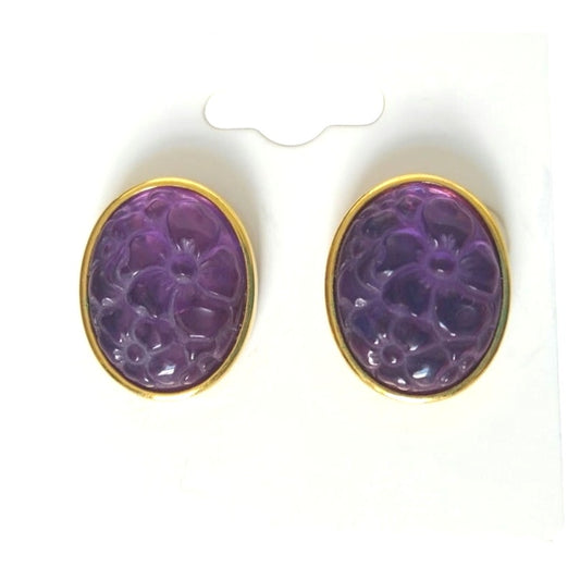 Vintage Avon Purple Molded Oval Lucite Flower Stud Earrings Gold Tone Post