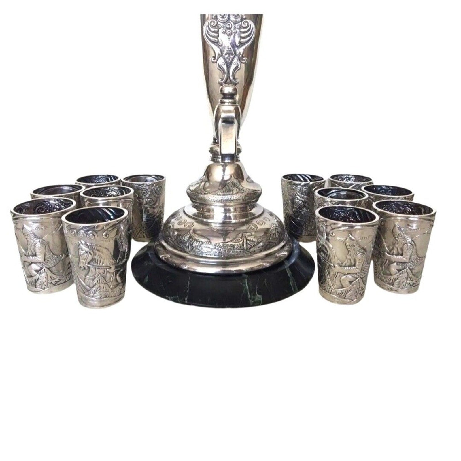 Antique Faberge Wine Horn Form Urn 12 Beakers Set 84 Silver Russian 1890s Set