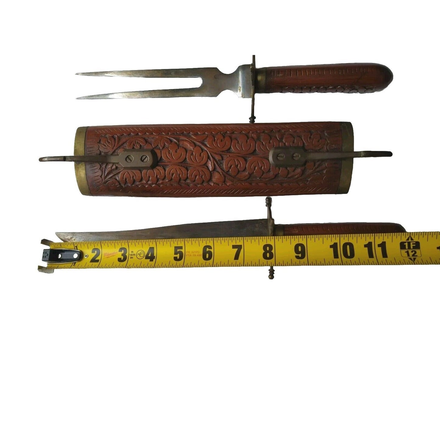 Vintage Serving Carving Knife Fork Carved Wood Handles Insert Stand Gorgeous