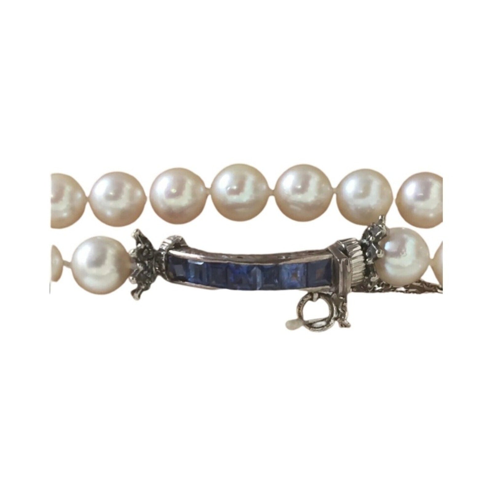 Vintage Estate Natural Pearls Necklace with Diamonds,Blue Sapphires White Gold